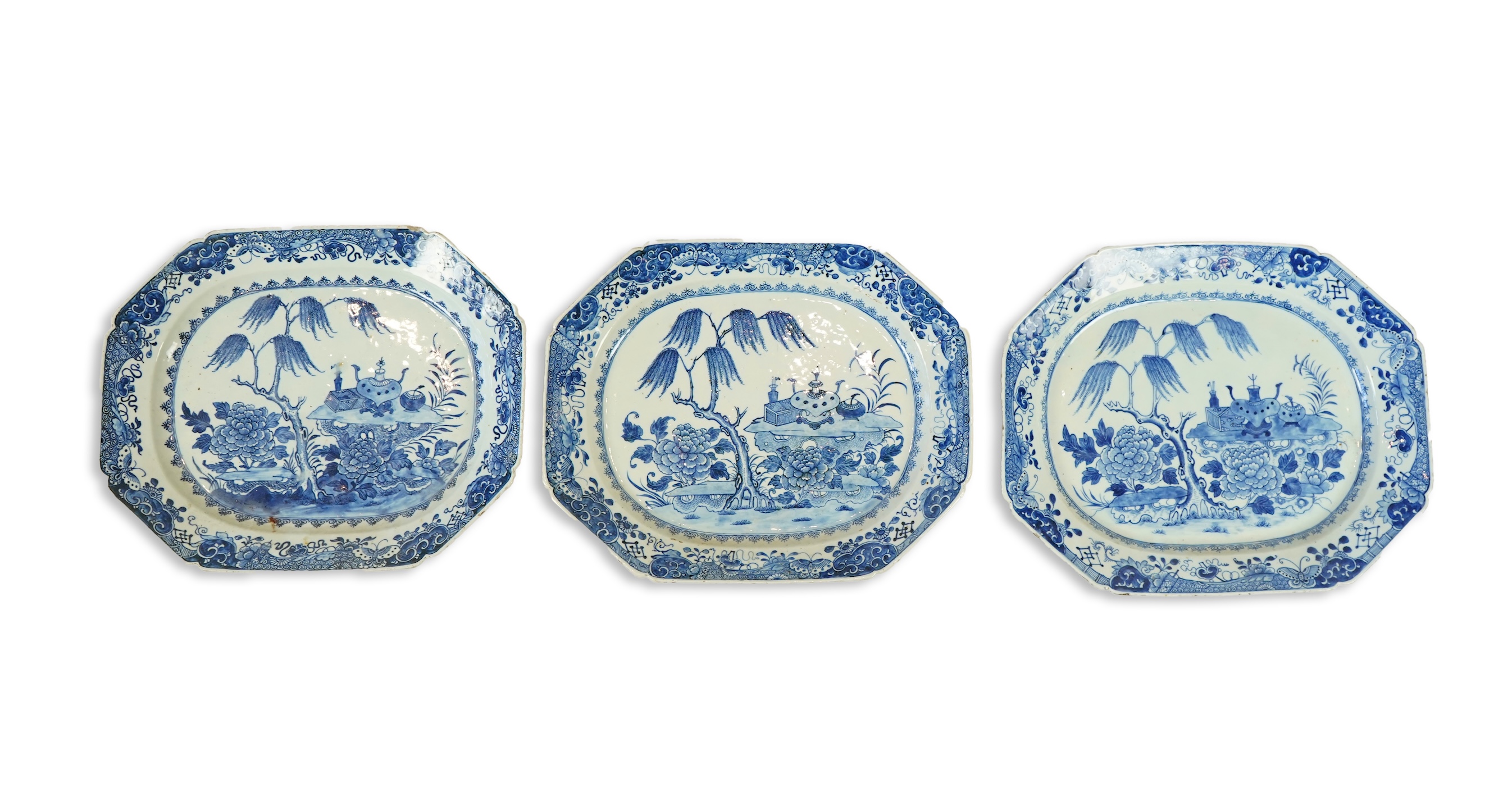 A set of three Chinese blue and white meat dishes, Qianlong period